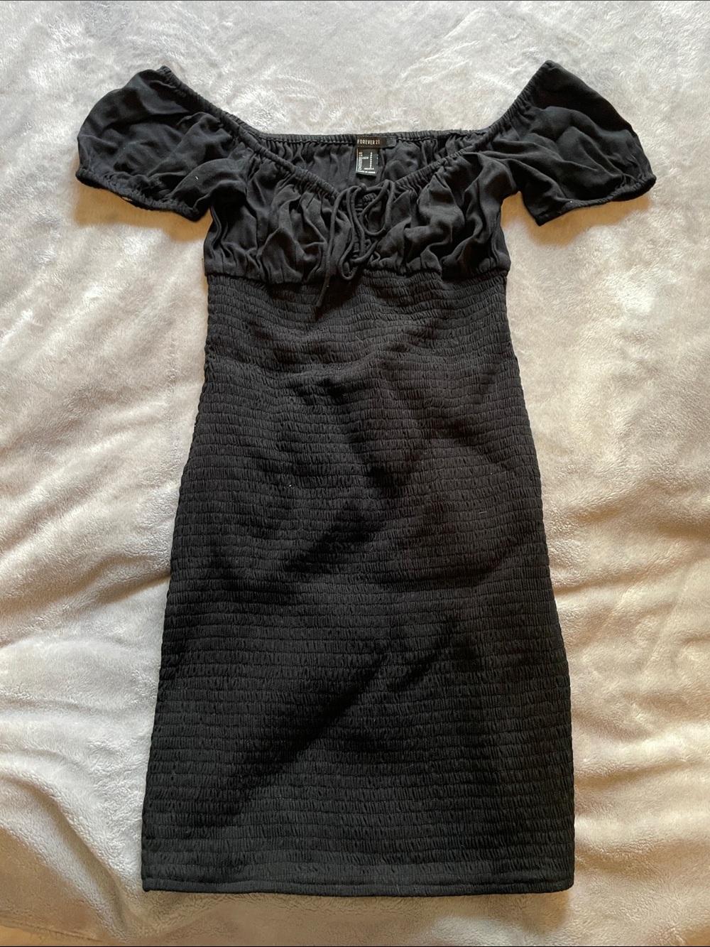 Forever 21 Black Off-Shoulder Smocked Mini Dress